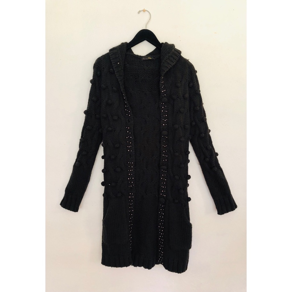 Nina Chunky Knit Hooded Black Pearl Cardigan